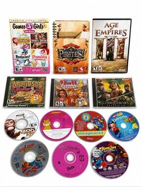 Large Lot Vintage Used PC Computer Games -Mall Tycoon, Age Of Empires, Barbie+